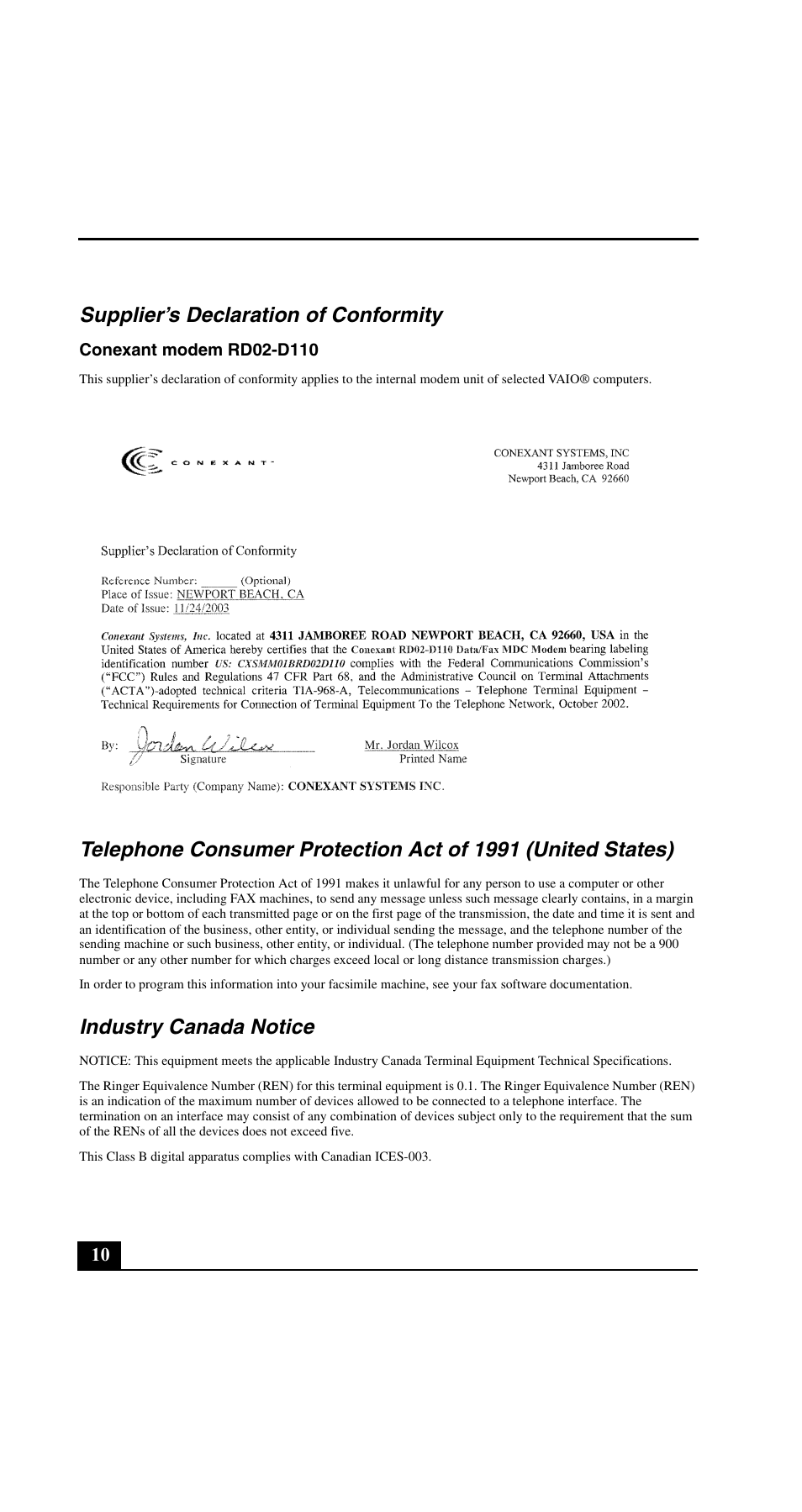 Supplier’s declaration of conformity, Industry canada notice | Sony VGN-FE890N User Manual | Page 10 / 20