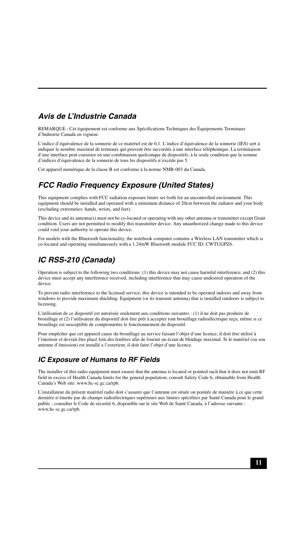 Avis de l’industrie canada, Fcc radio frequency exposure (united states), Ic rss-210 (canada) | Ic exposure of humans to rf fields | Sony VGN-FE890N User Manual | Page 11 / 20