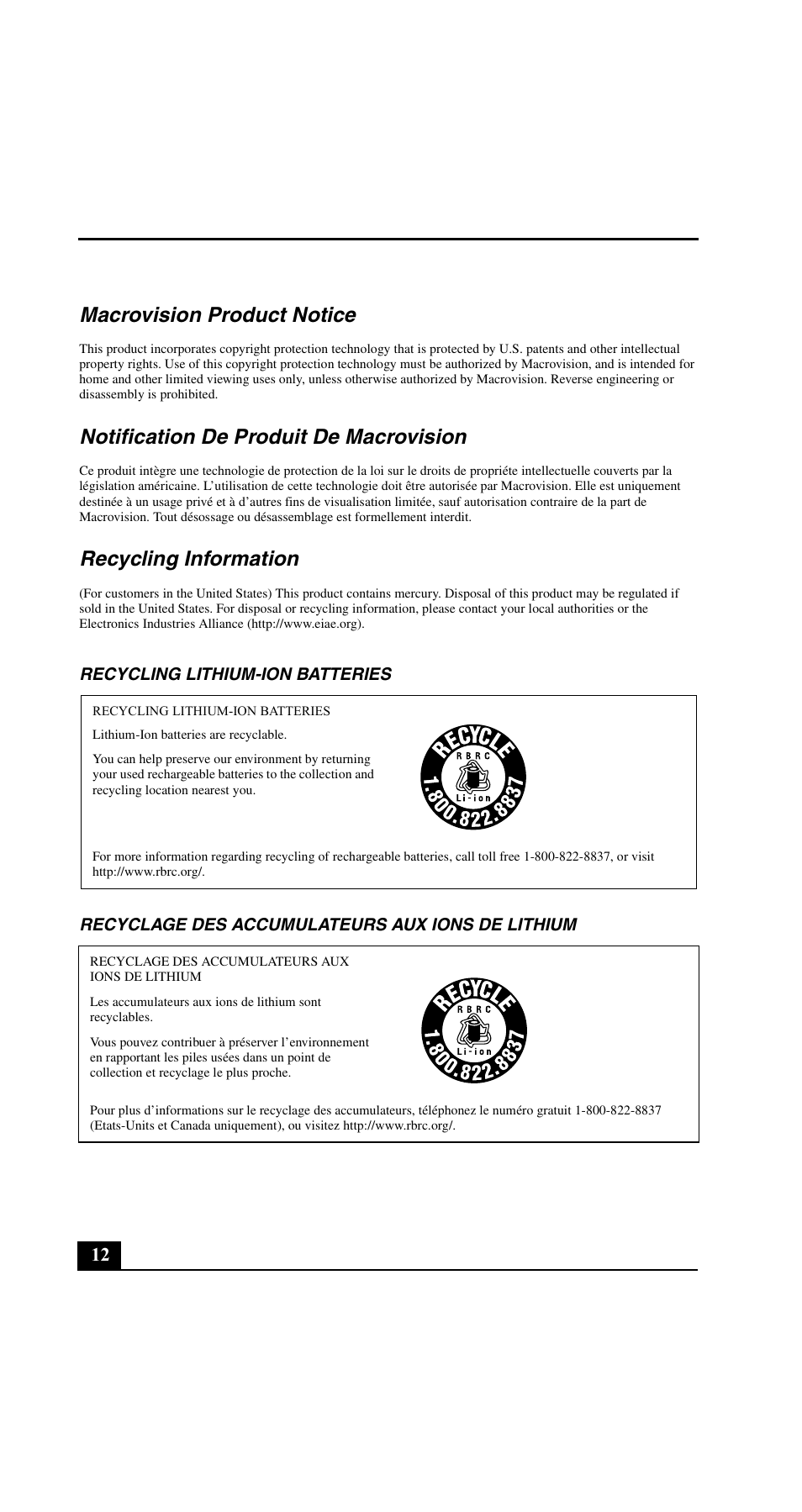 Macrovision product notice, Notification de produit de macrovision, Recycling information | Sony VGN-FE890N User Manual | Page 12 / 20
