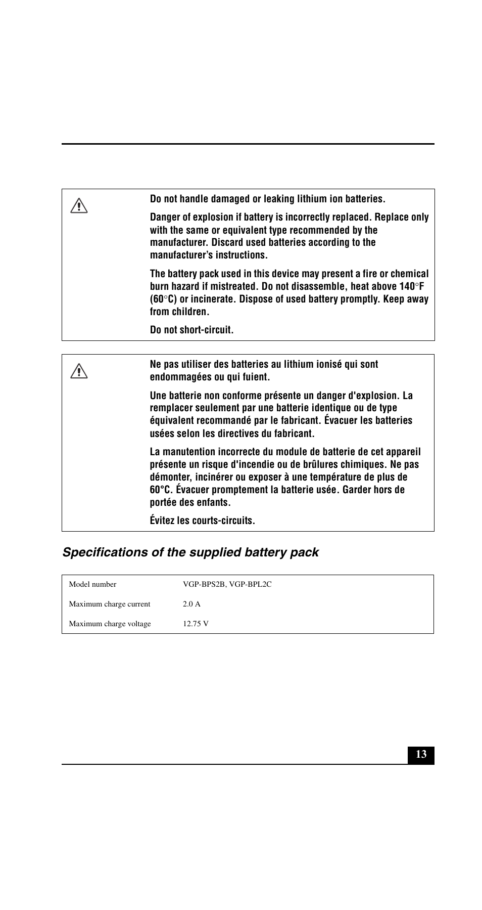 Specifications of the supplied battery pack | Sony VGN-FE890N User Manual | Page 13 / 20