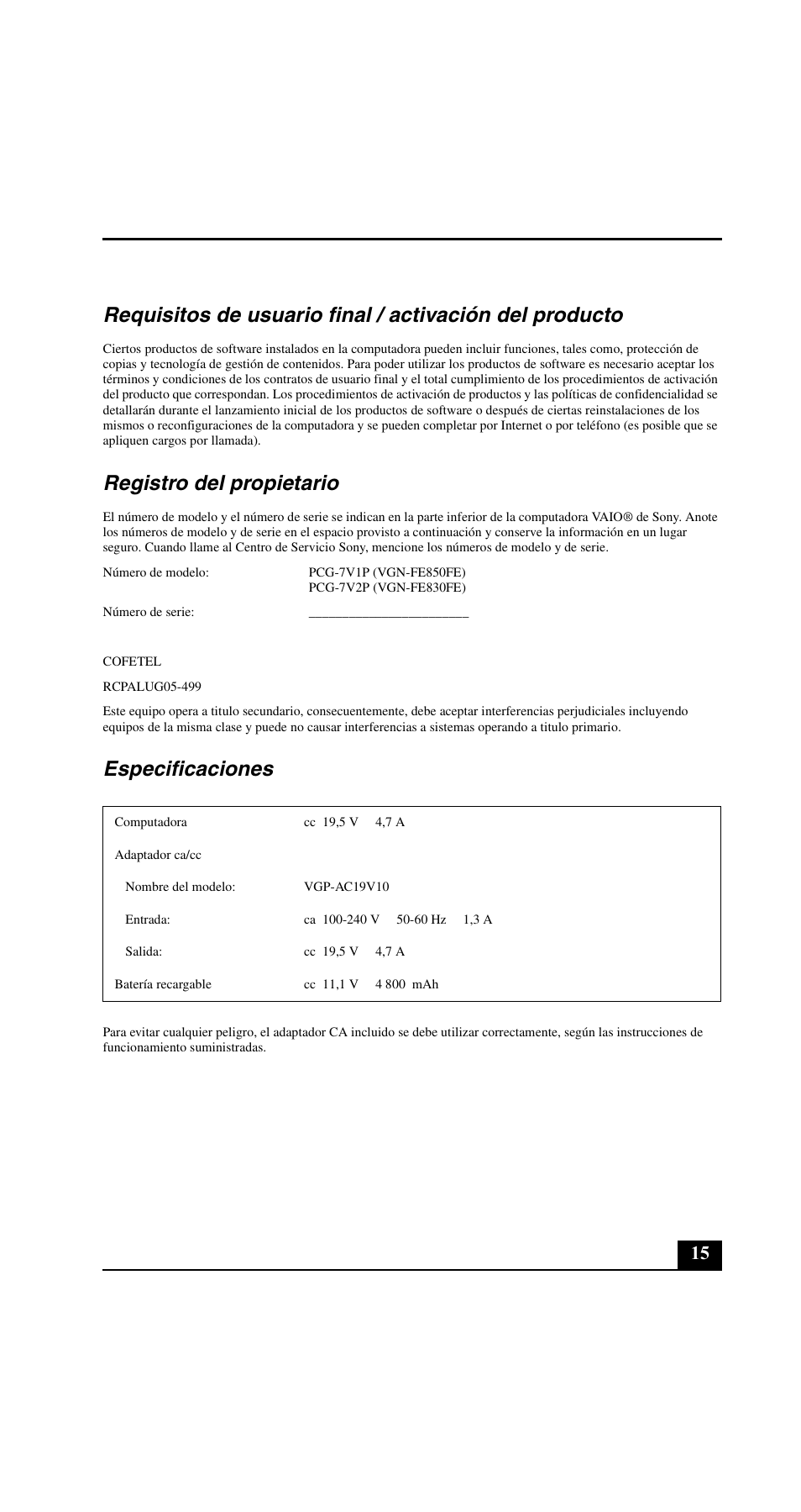 Registro del propietario, Especificaciones | Sony VGN-FE890N User Manual | Page 15 / 20