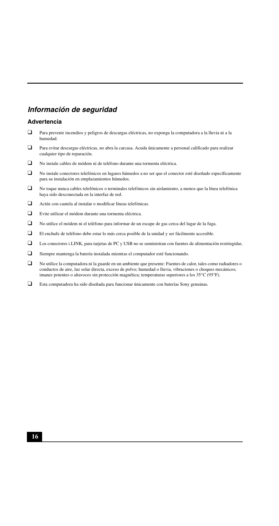 Información de seguridad | Sony VGN-FE890N User Manual | Page 16 / 20