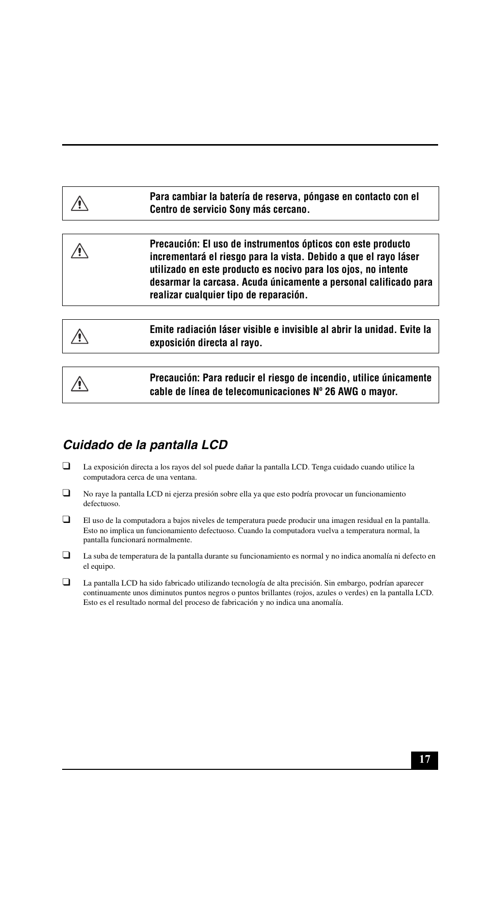 Cuidado de la pantalla lcd | Sony VGN-FE890N User Manual | Page 17 / 20