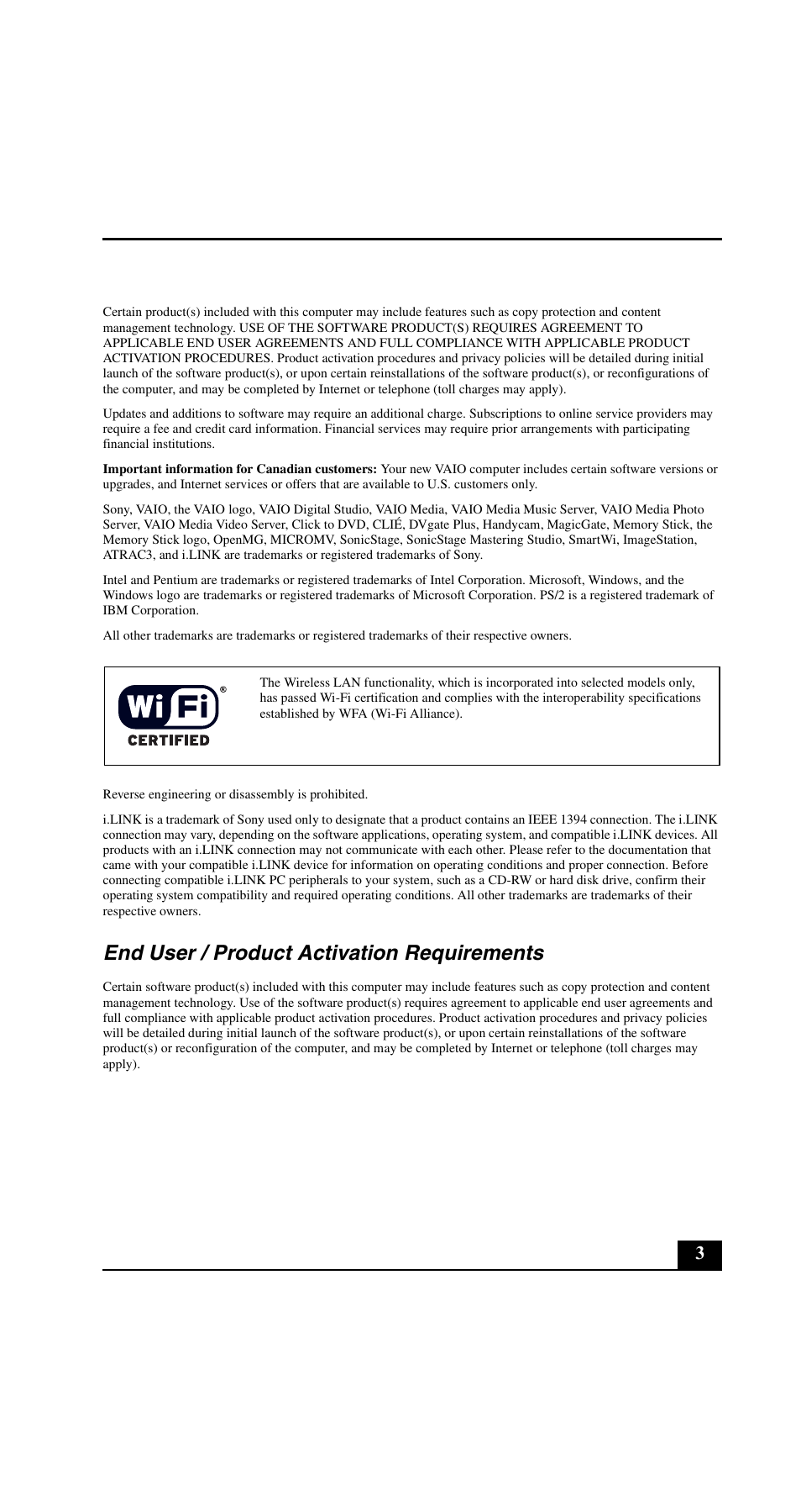 End user / product activation requirements | Sony VGN-FE890N User Manual | Page 3 / 20