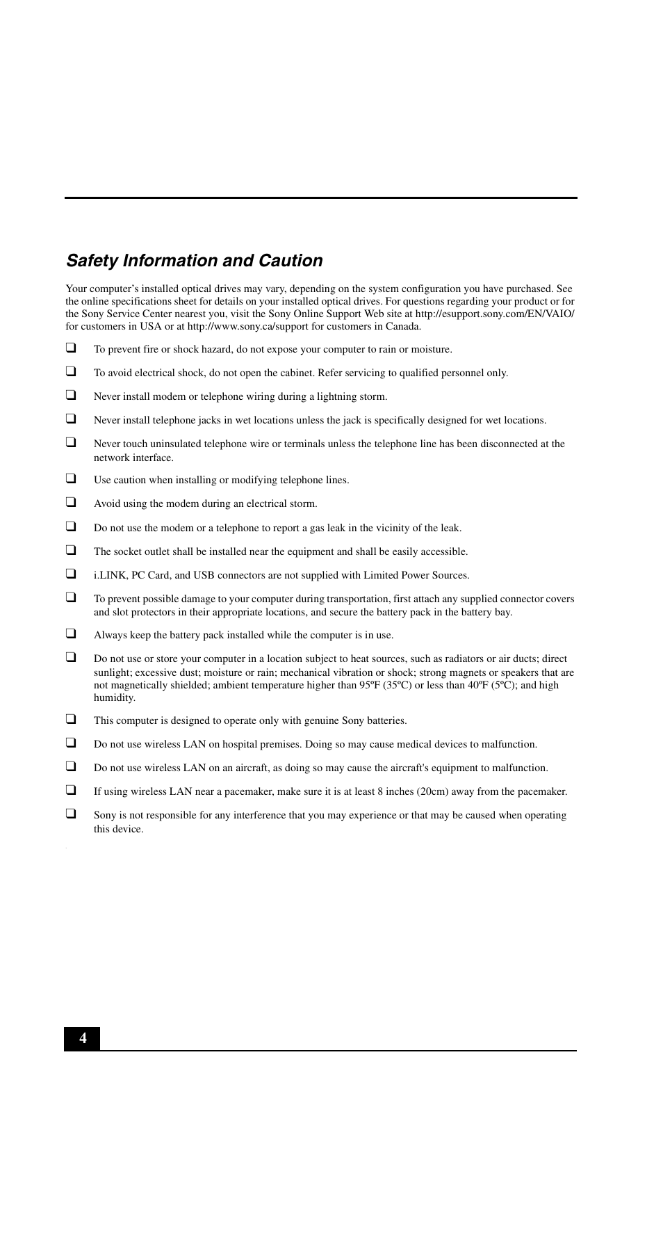 Safety information and caution | Sony VGN-FE890N User Manual | Page 4 / 20