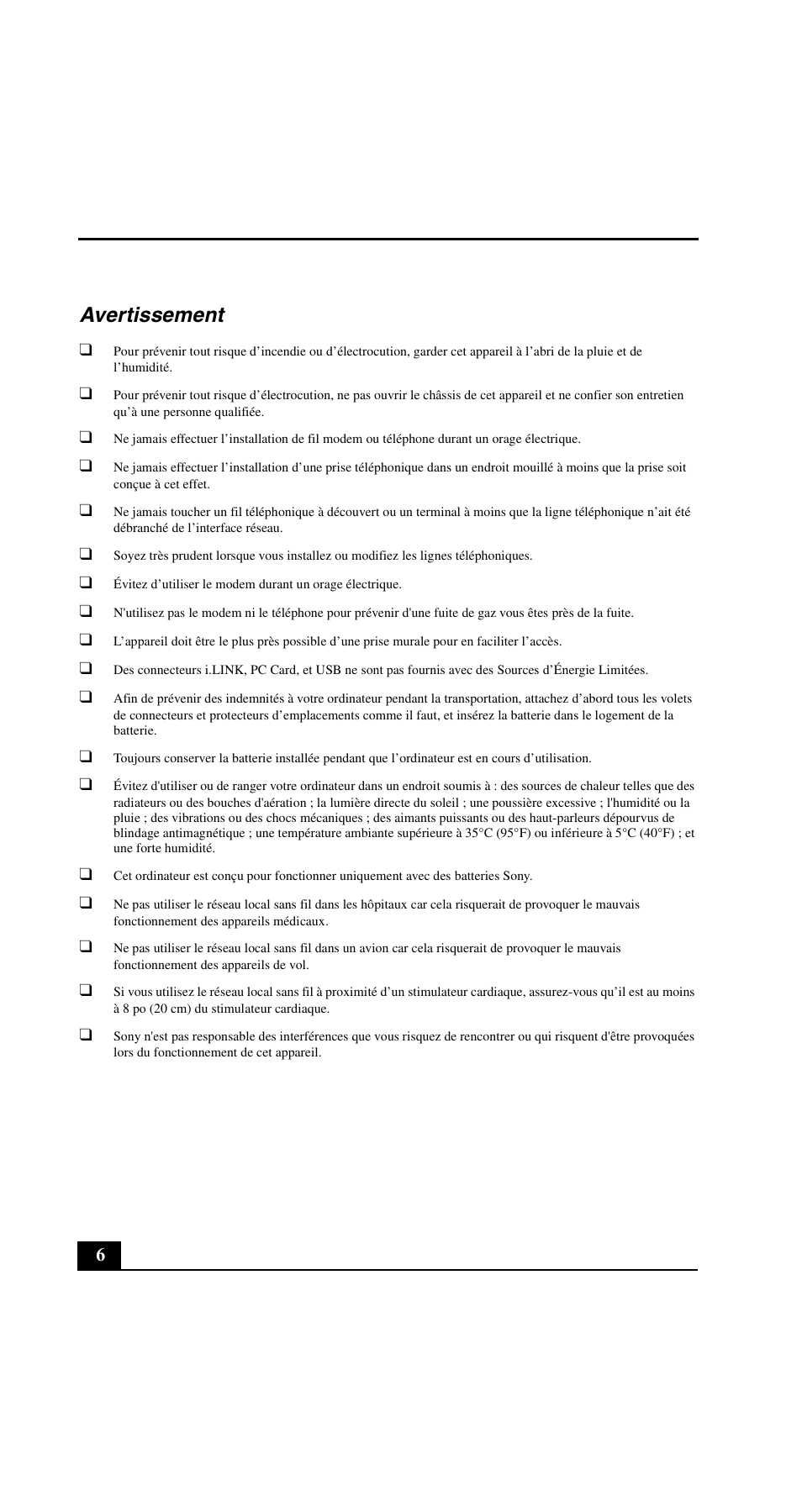 Avertissement | Sony VGN-FE890N User Manual | Page 6 / 20