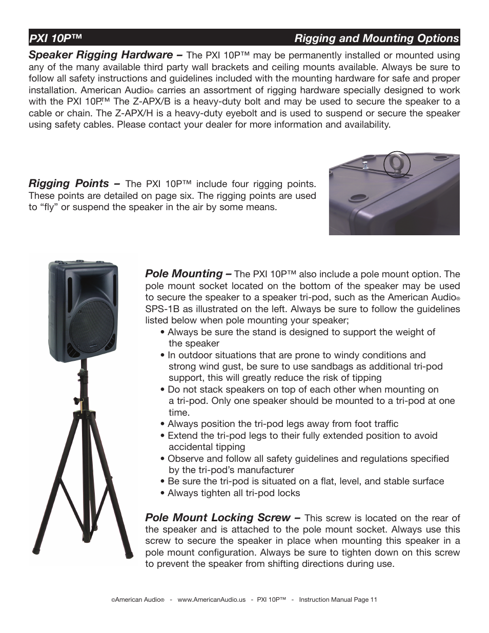 Rigging points, Pole mounting, Pole mount locking screw | American Audio PXI 10P User Manual | Page 11 / 16