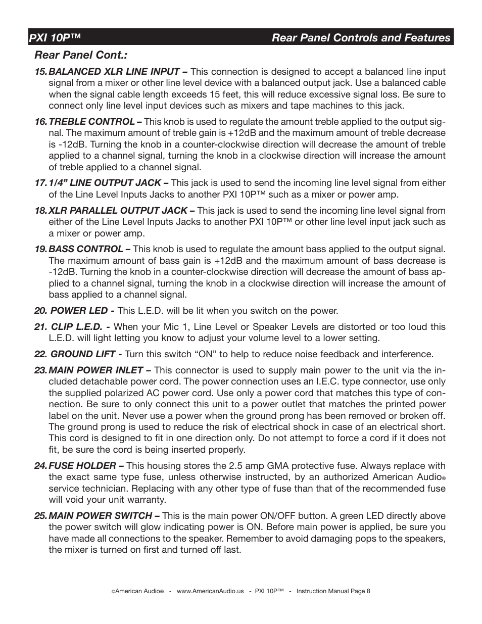 American Audio PXI 10P User Manual | Page 8 / 16