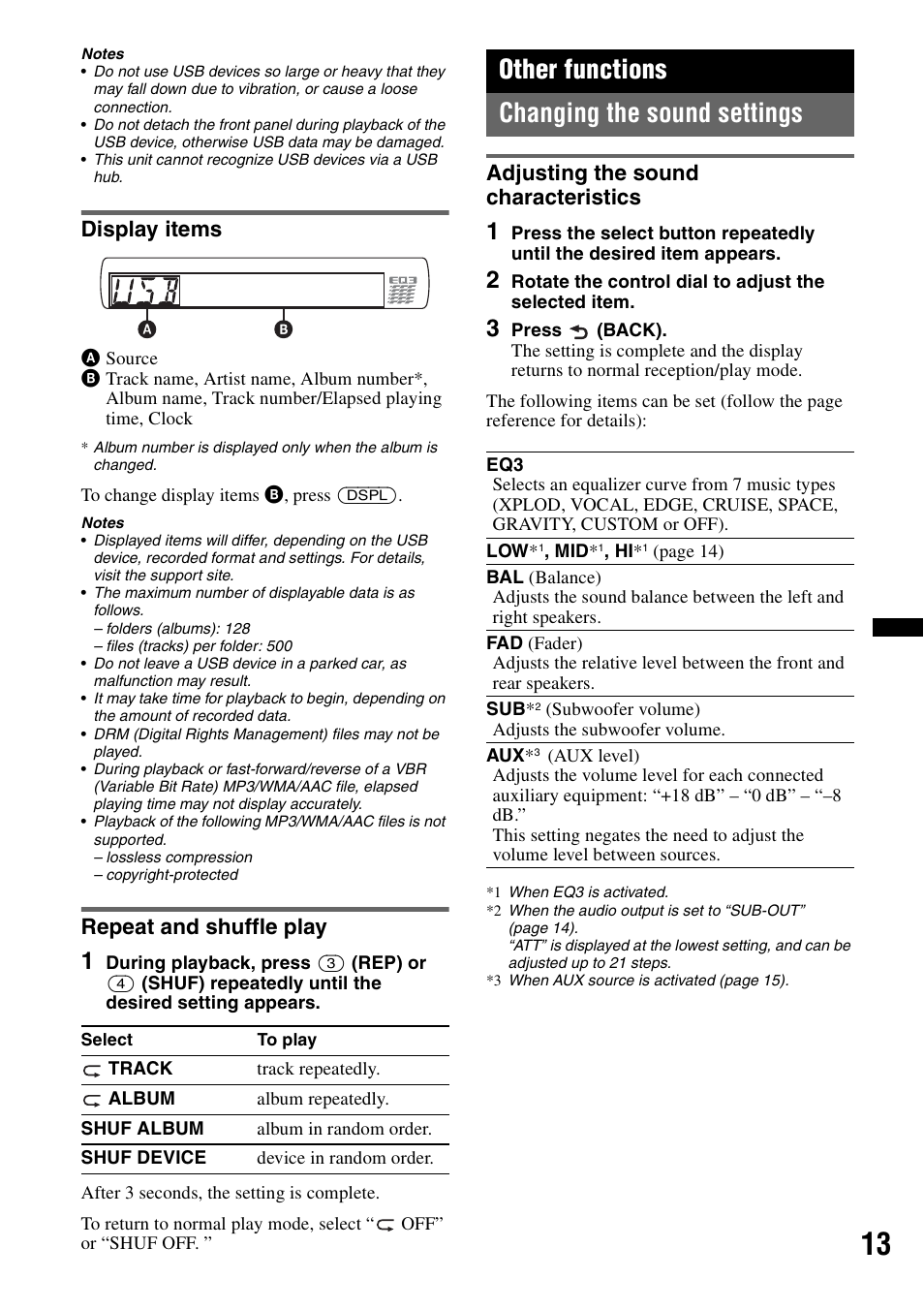 Display items, Repeat and shuffle play, Other functions | Changing the sound settings, Adjusting the sound characteristics, Display items repeat and shuffle play, Other functions changing the sound settings | Sony CXS-GT3516F User Manual | Page 13 / 44