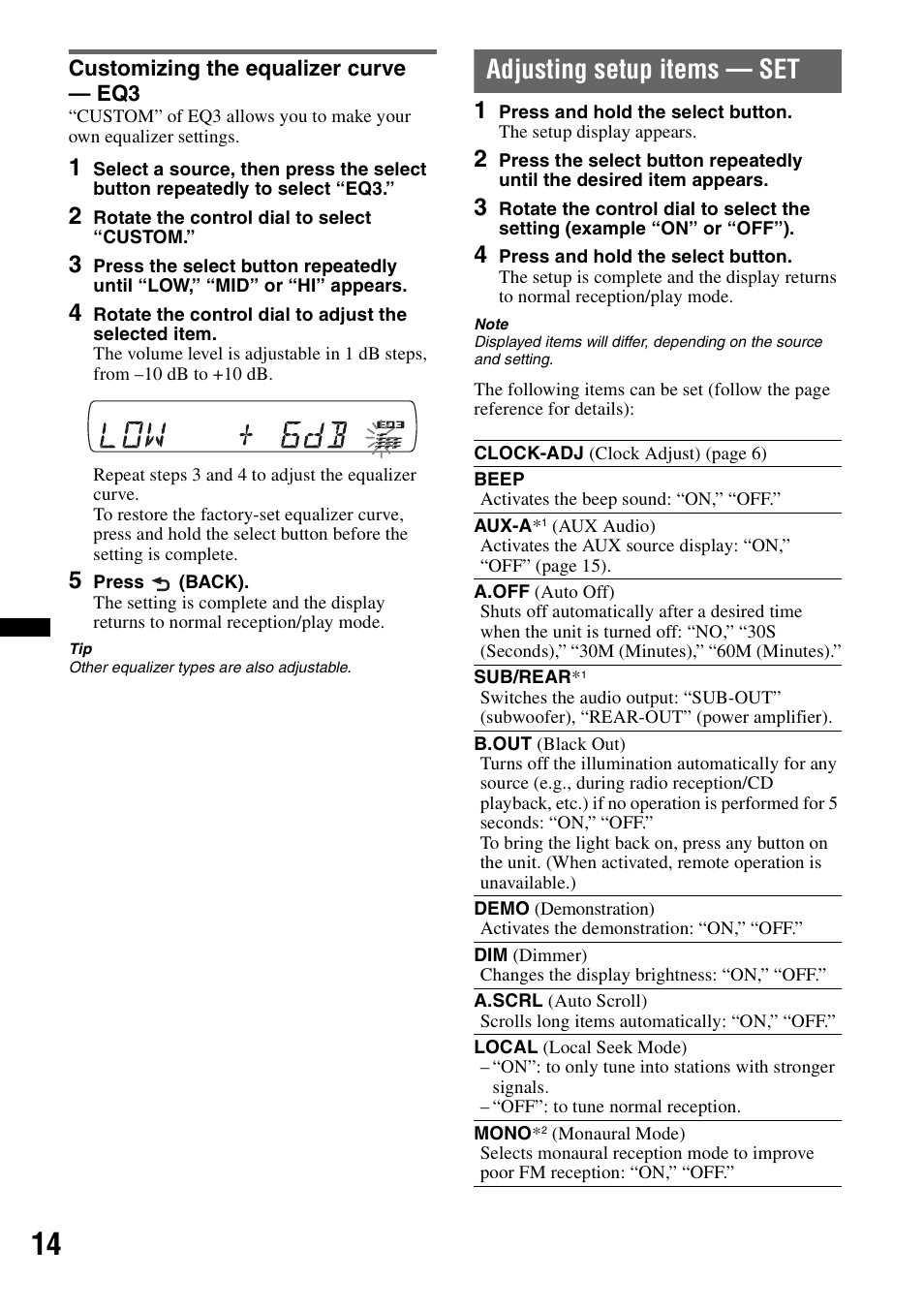Customizing the equalizer curve - eq3, Adjusting setup items - set, Customizing the equalizer curve — eq3 | Adjusting setup items — set | Sony CXS-GT3516F User Manual | Page 14 / 44