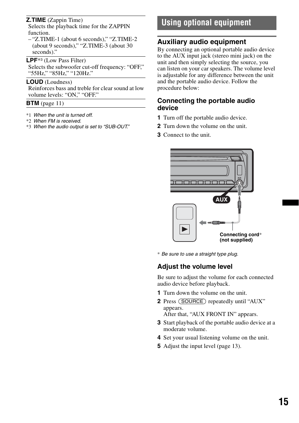 Using optional equipment, Auxiliary audio equipment | Sony CXS-GT3516F User Manual | Page 15 / 44