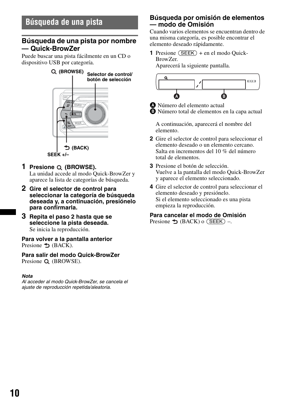 Búsqueda de una pista, Búsqueda de una pista por nombre - quick-browzer, Búsqueda de una pista por nombre — quick-browzer | Sony CXS-GT3516F User Manual | Page 30 / 44