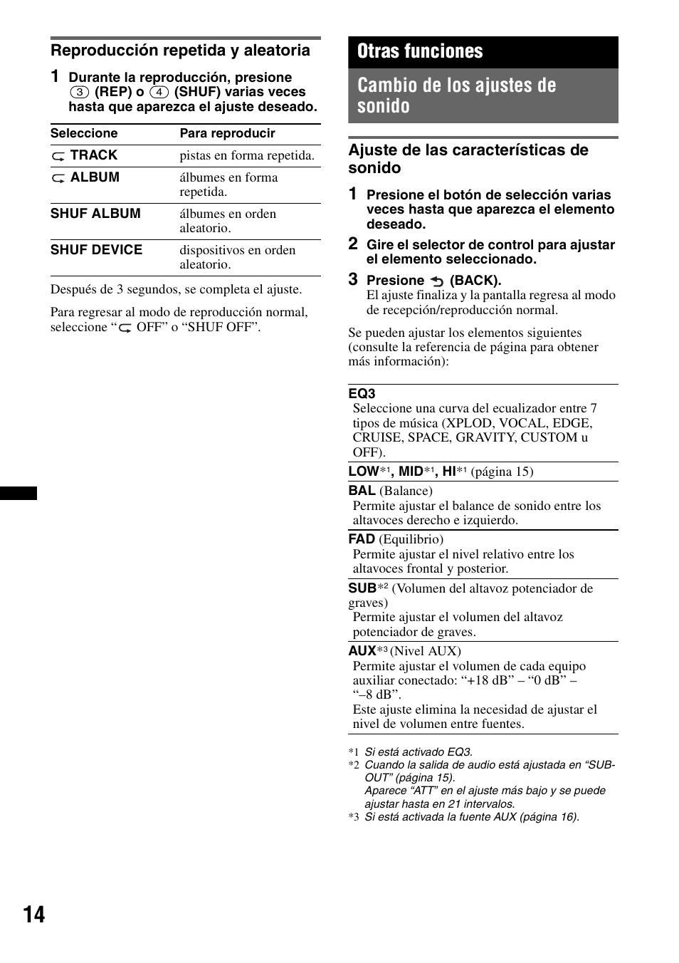 Reproducción repetida y aleatoria, Otras funciones, Cambio de los ajustes de sonido | Ajuste de las características de sonido, Otras funciones cambio de los ajustes de sonido | Sony CXS-GT3516F User Manual | Page 34 / 44