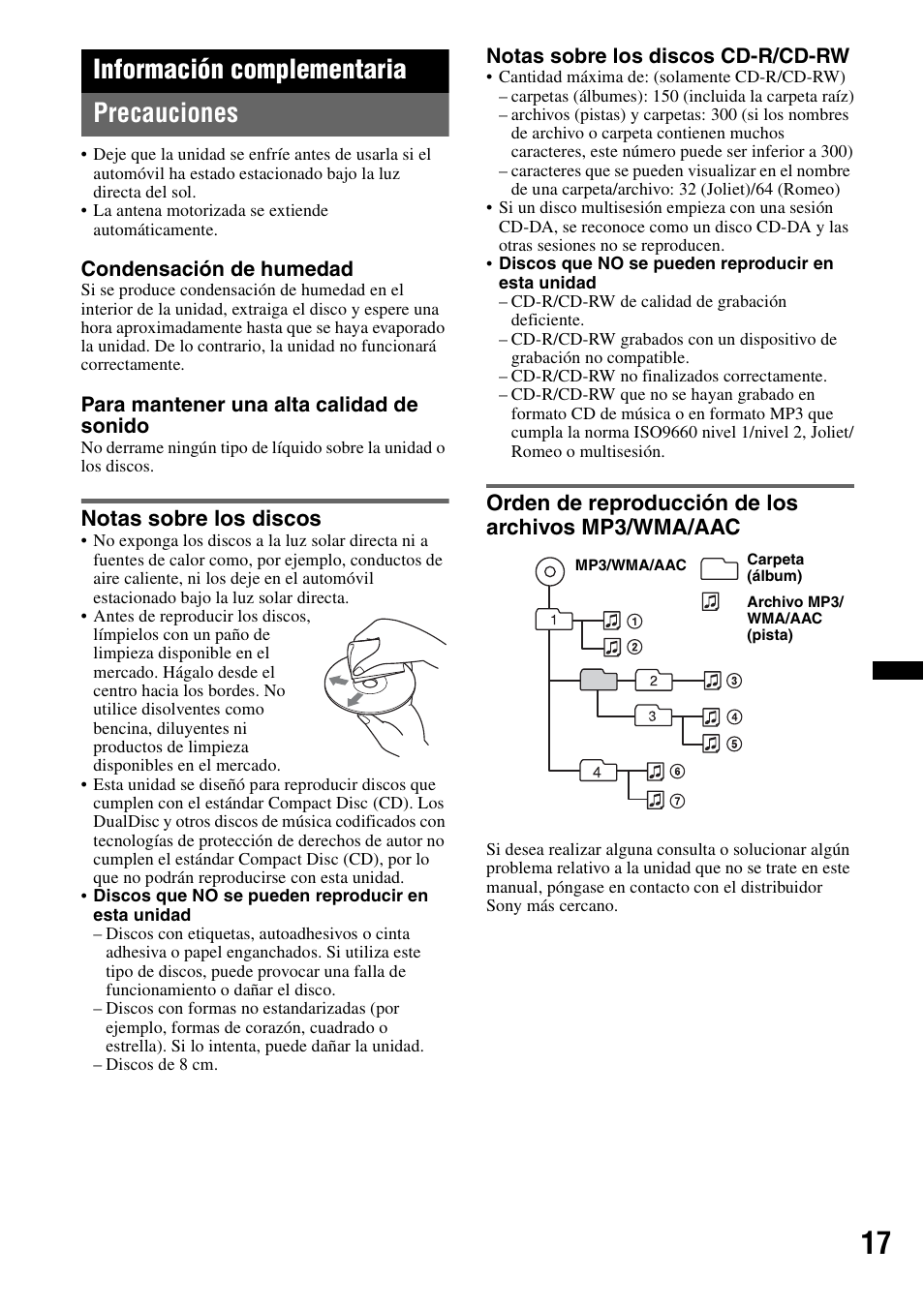 Información complementaria, Precauciones, Notas sobre los discos | Orden de reproducción de los archivos mp3/wma/aac, Información complementaria precauciones | Sony CXS-GT3516F User Manual | Page 37 / 44