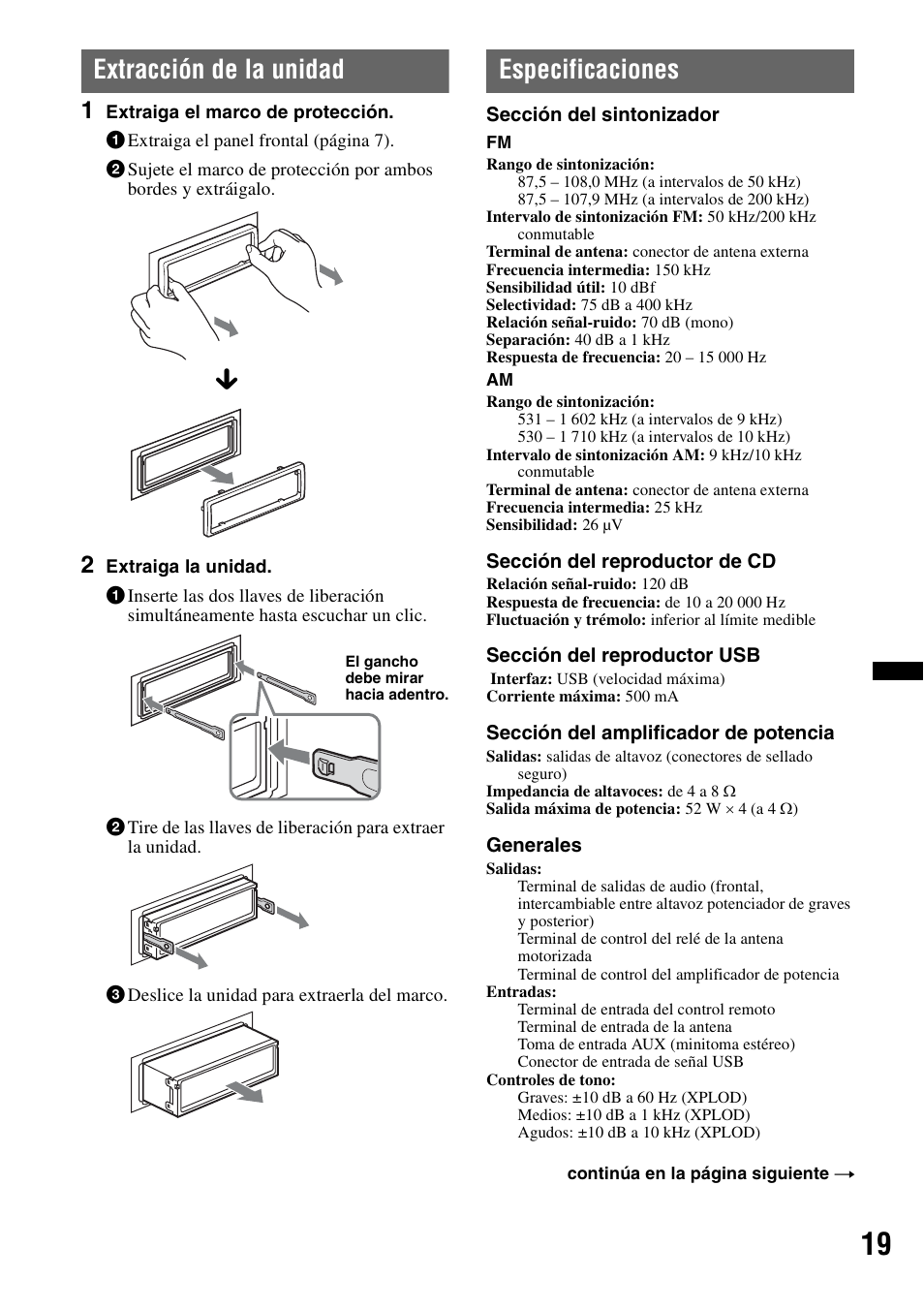 Extracción de la unidad, Especificaciones, Extracción de la unidad especificaciones | Sony CXS-GT3516F User Manual | Page 39 / 44