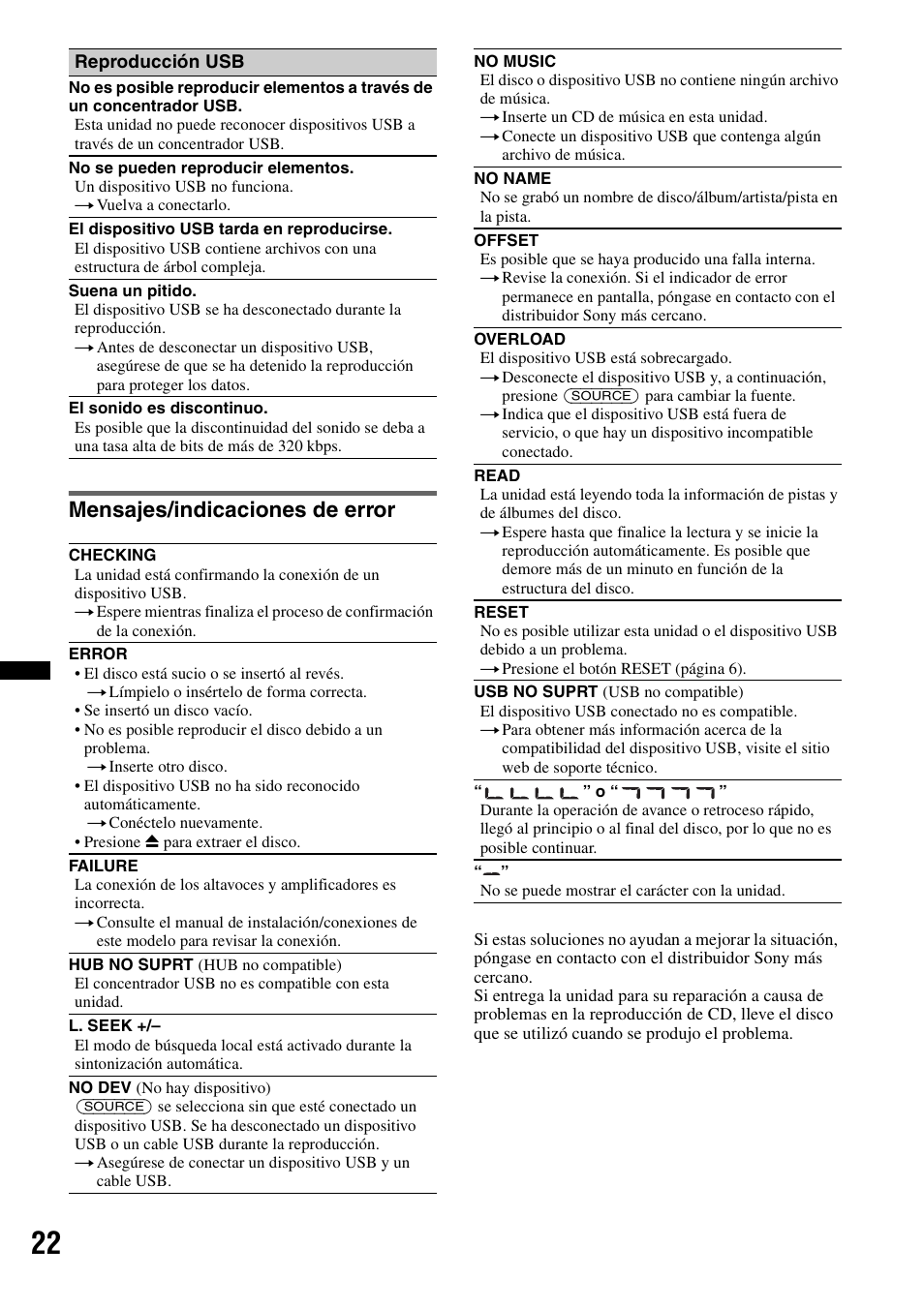 Mensajes/indicaciones de error | Sony CXS-GT3516F User Manual | Page 42 / 44