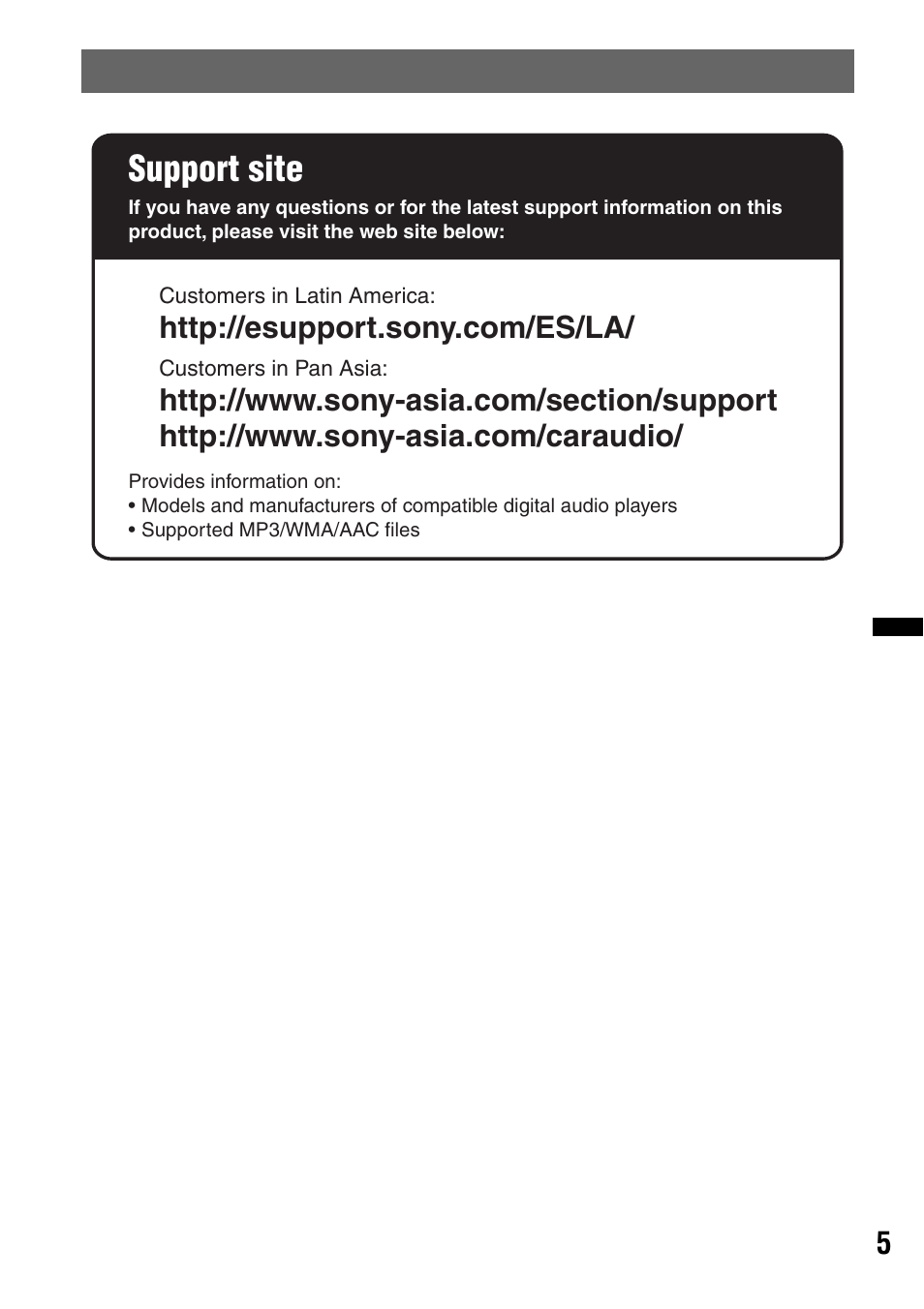 Support site | Sony CXS-GT3516F User Manual | Page 5 / 44
