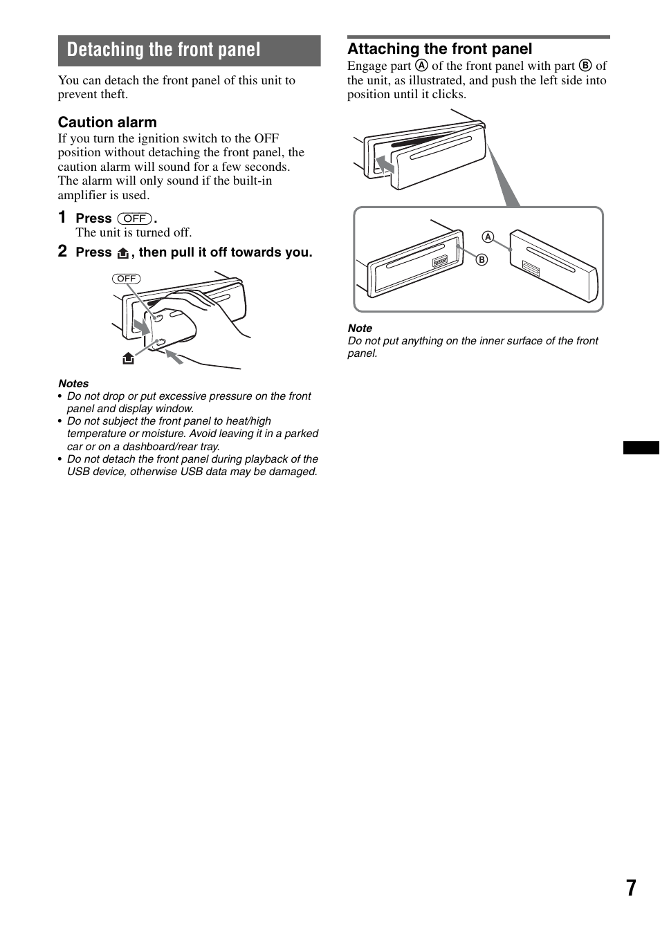 Detaching the front panel, Attaching the front panel | Sony CXS-GT3516F User Manual | Page 7 / 44