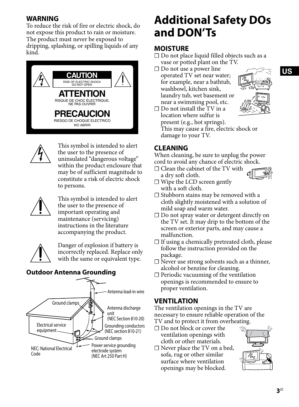 Additional safety dos and don’ts, Attention, Precaucion | Warning, Caution, Moisture, Cleaning, Ventilation | Sony XBR-79X900B User Manual | Page 3 / 20