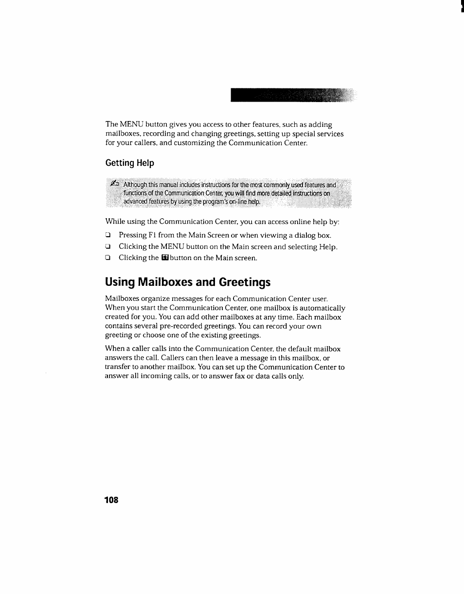 Getting help, Using mailboxes and greetings | Sony PCV-130 User Manual | Page 112 / 203