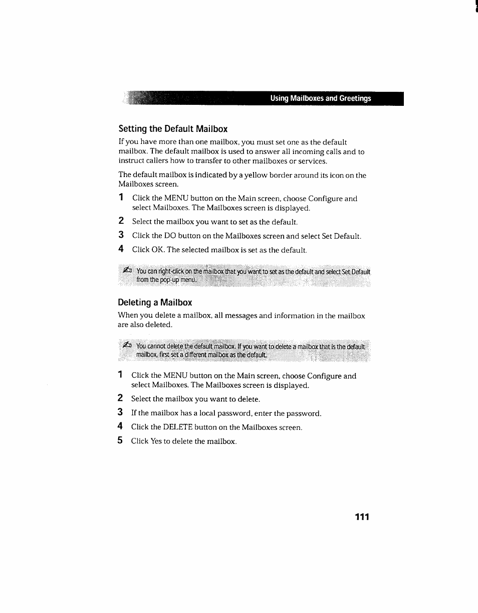 Setting the default mailbox, Deleting a mailbox, Setting the default mailbox deleting a mailbox | Sony PCV-130 User Manual | Page 115 / 203