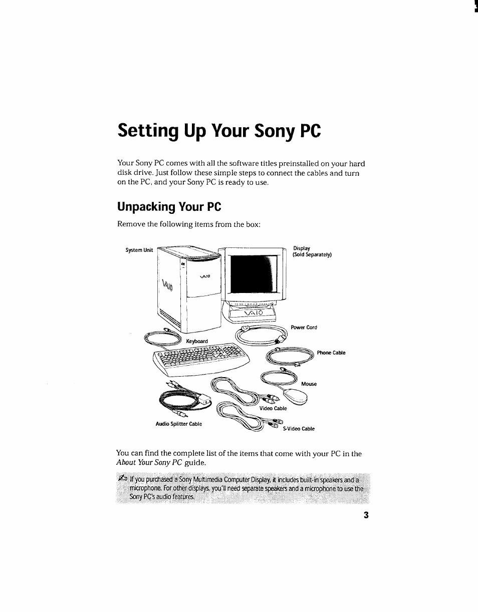 Setting up your sony pc, Unpacking your pc | Sony PCV-130 User Manual | Page 13 / 203