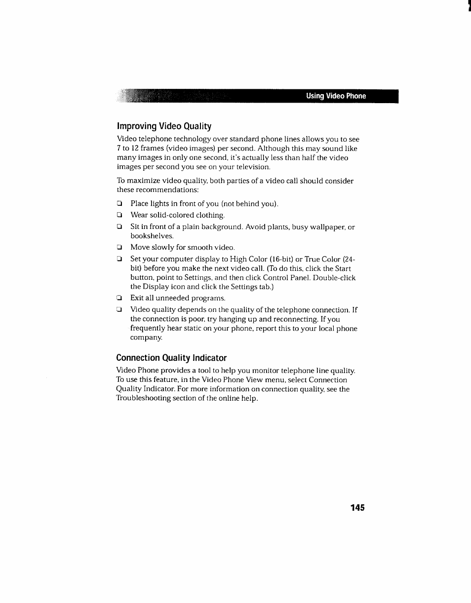 Improving video quality, Connection quality indicator | Sony PCV-130 User Manual | Page 149 / 203