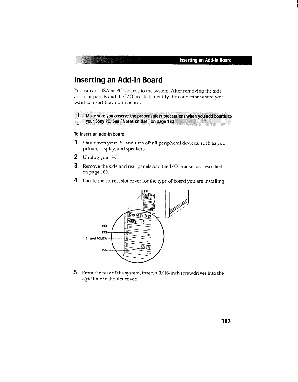 Inserting an add-in board | Sony PCV-130 User Manual | Page 167 / 203