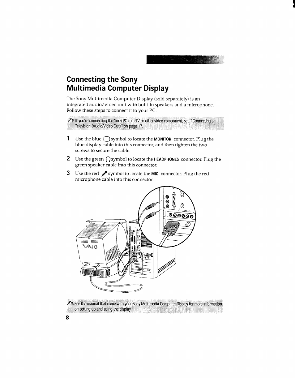 Connecting the sony multimedia computer display | Sony PCV-130 User Manual | Page 18 / 203