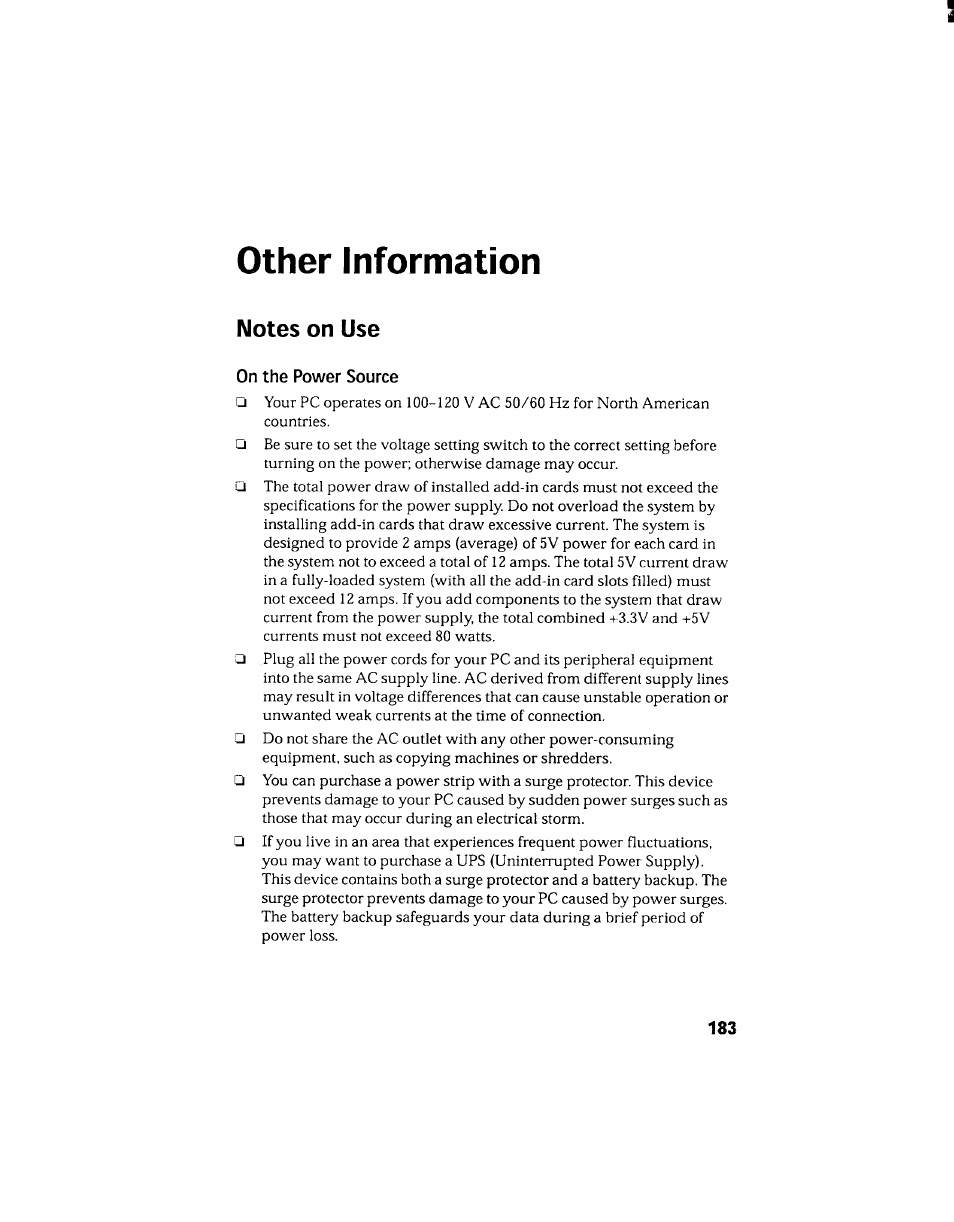 Other information, Notes on use, On the power source | Sony PCV-130 User Manual | Page 187 / 203