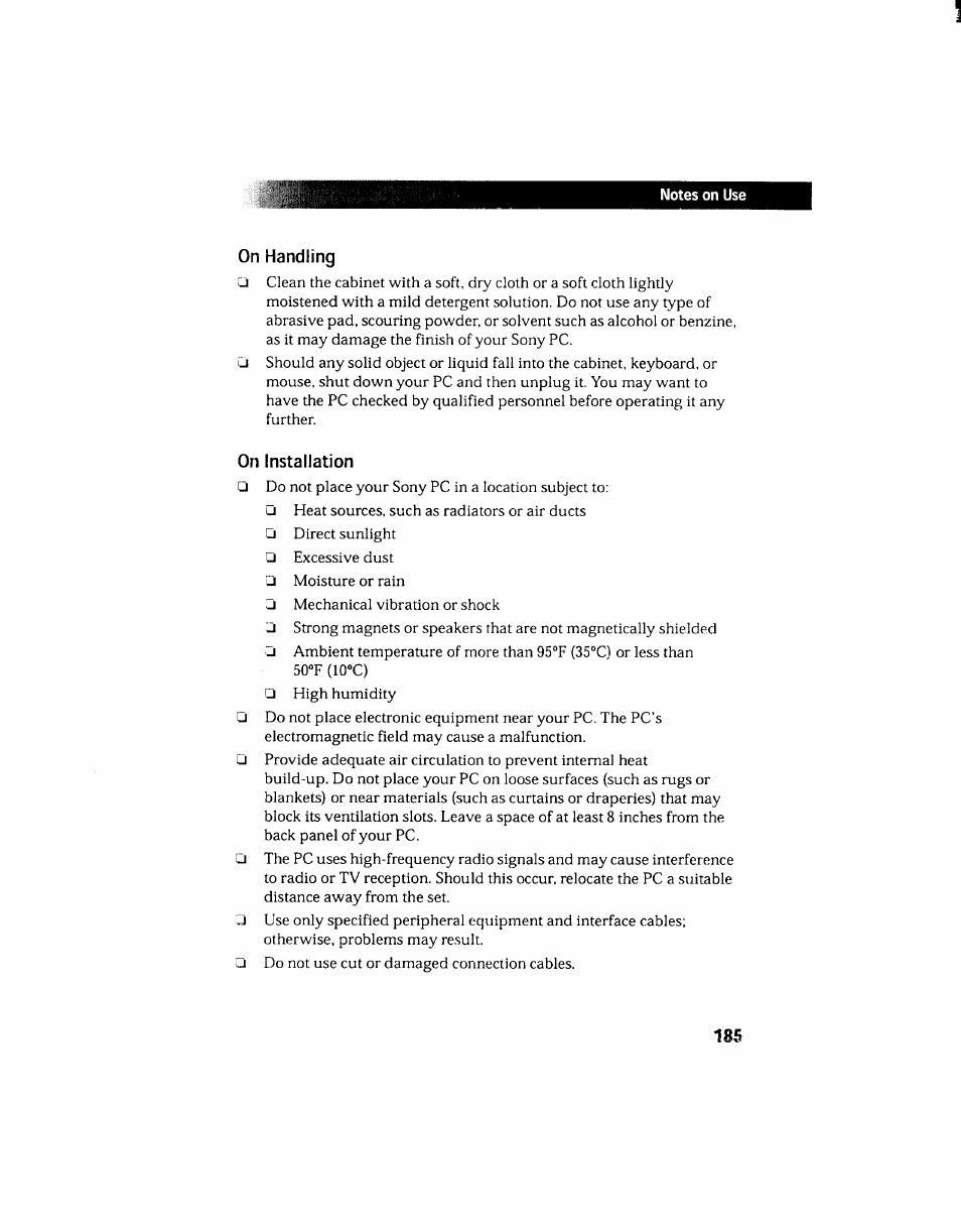 On handling, On installation, On handling on installation | Sony PCV-130 User Manual | Page 189 / 203