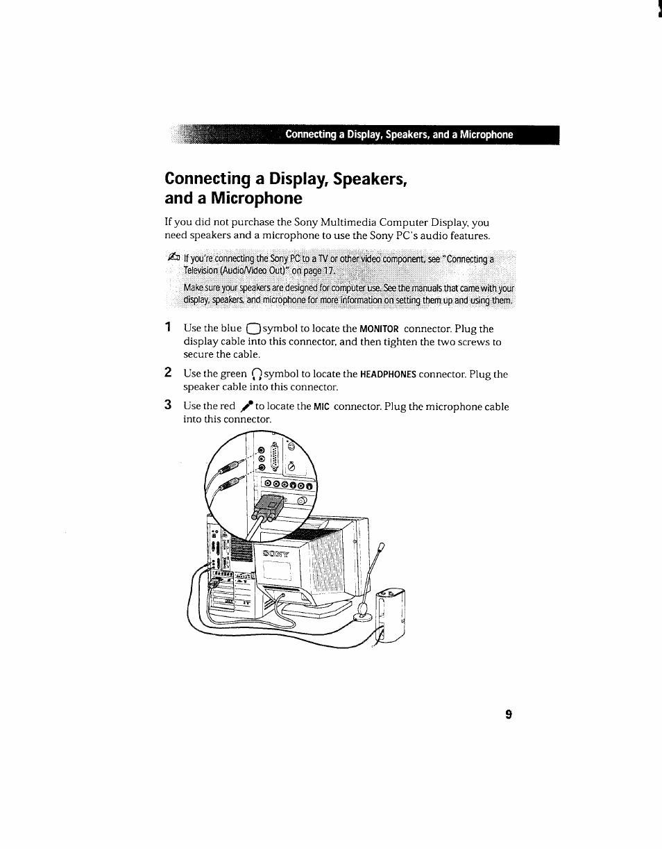 Connecting a display, speakers, and a microphone | Sony PCV-130 User Manual | Page 19 / 203