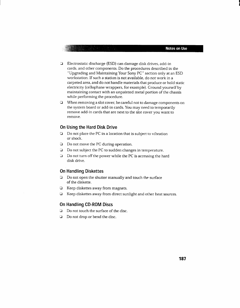 On using the hard disk drive, On handling diskettes, On handling cd-rom discs | Using the diskette drive, On handling diskettes on handling cd-rom discs | Sony PCV-130 User Manual | Page 191 / 203