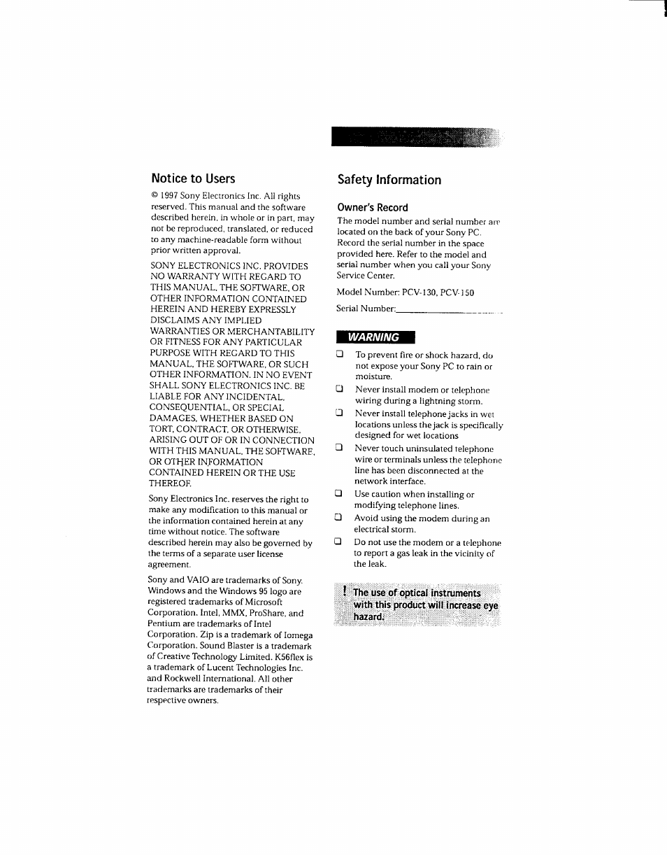 Notice to users, Safety information | Sony PCV-130 User Manual | Page 2 / 203