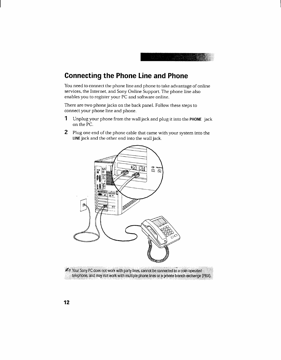 Connecting the phone line and phone | Sony PCV-130 User Manual | Page 22 / 203