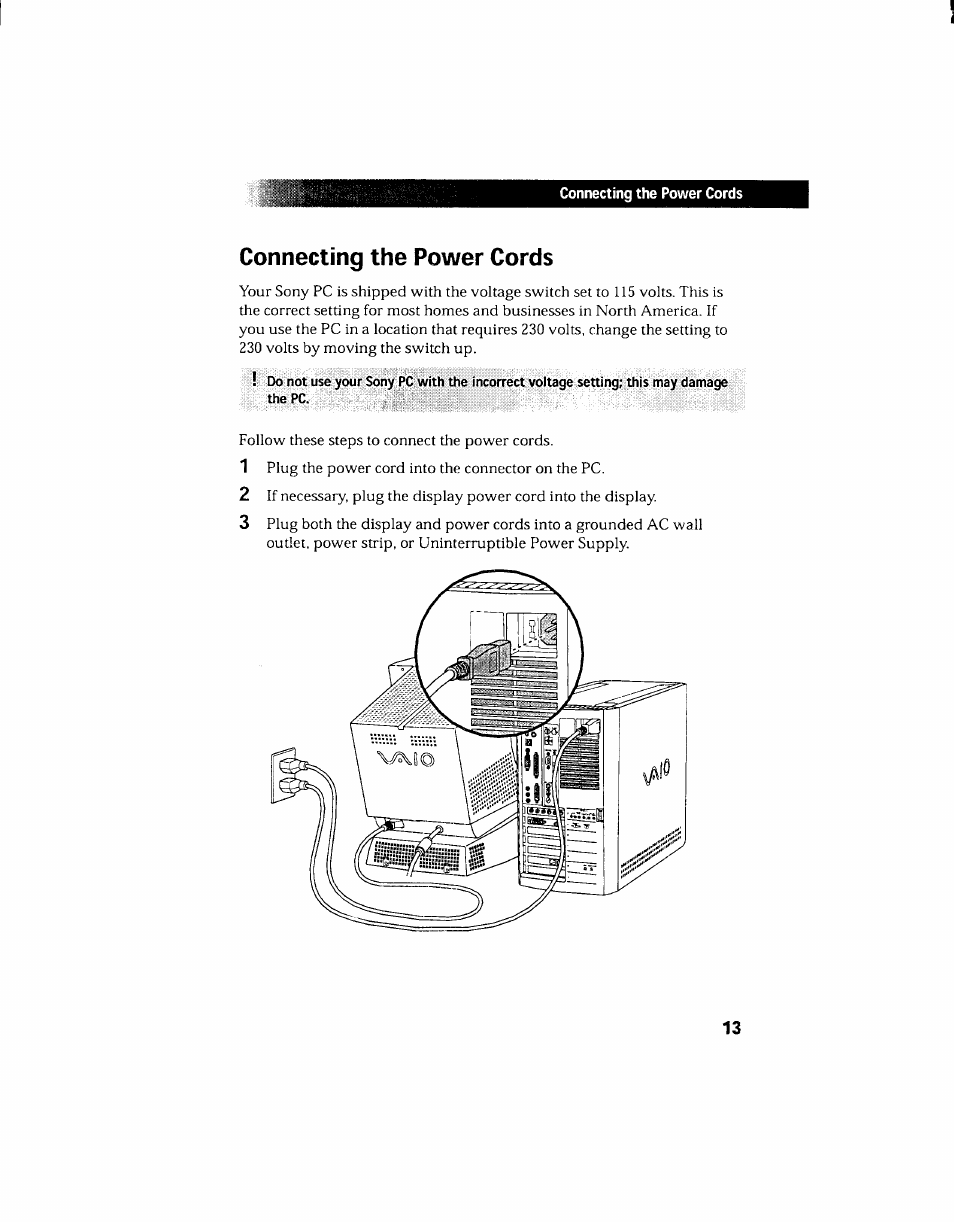 Connecting the power cords | Sony PCV-130 User Manual | Page 23 / 203