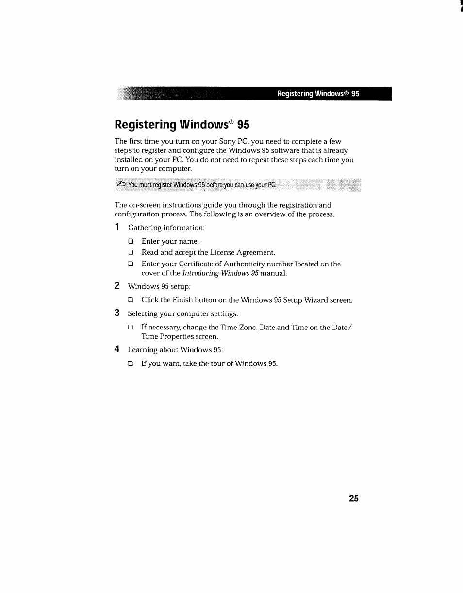 Registering windows® 95 | Sony PCV-130 User Manual | Page 29 / 203