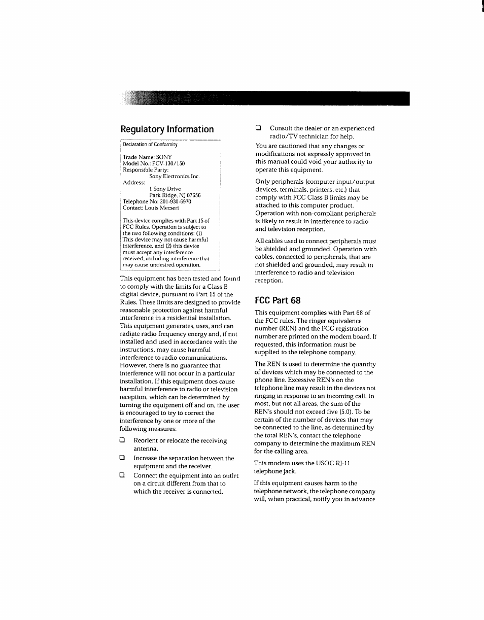 Regulatory information, Fcc part 68 | Sony PCV-130 User Manual | Page 3 / 203