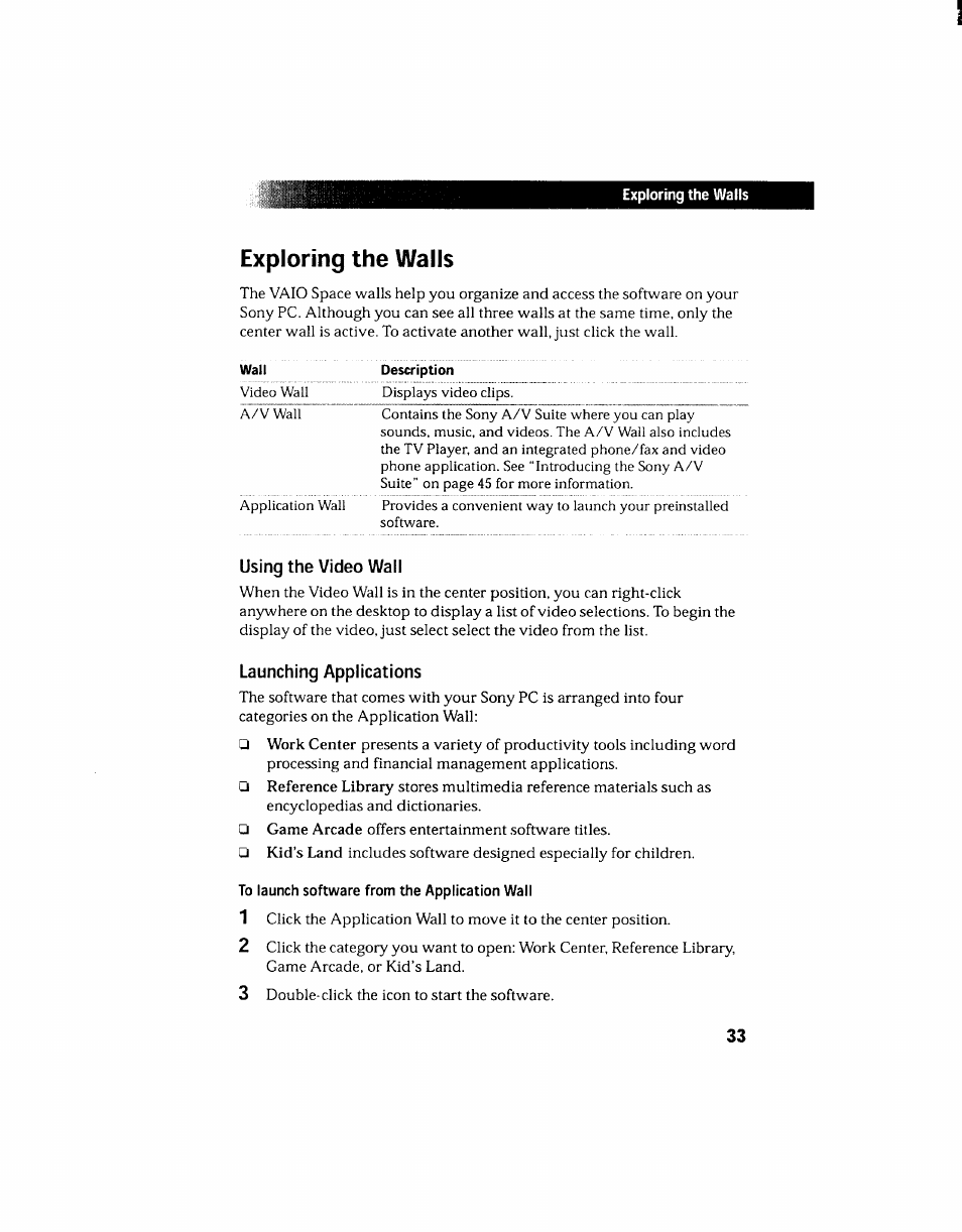 Using the video wall, Launching applications, Using the video wall launching applications | Exploring the walls | Sony PCV-130 User Manual | Page 37 / 203