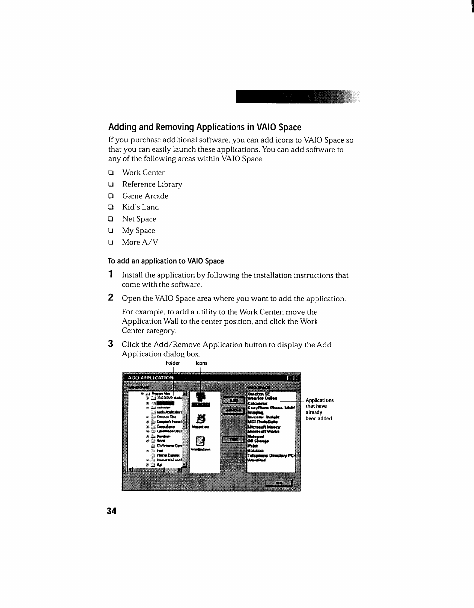 Adding and removing applications in vaio space | Sony PCV-130 User Manual | Page 38 / 203