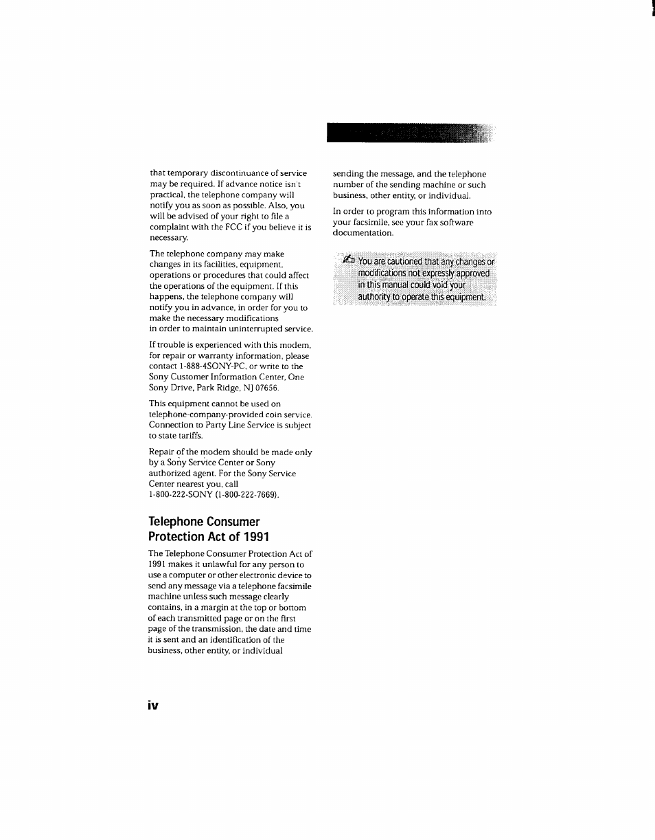 Telephone consumer protection act of 1991 | Sony PCV-130 User Manual | Page 4 / 203