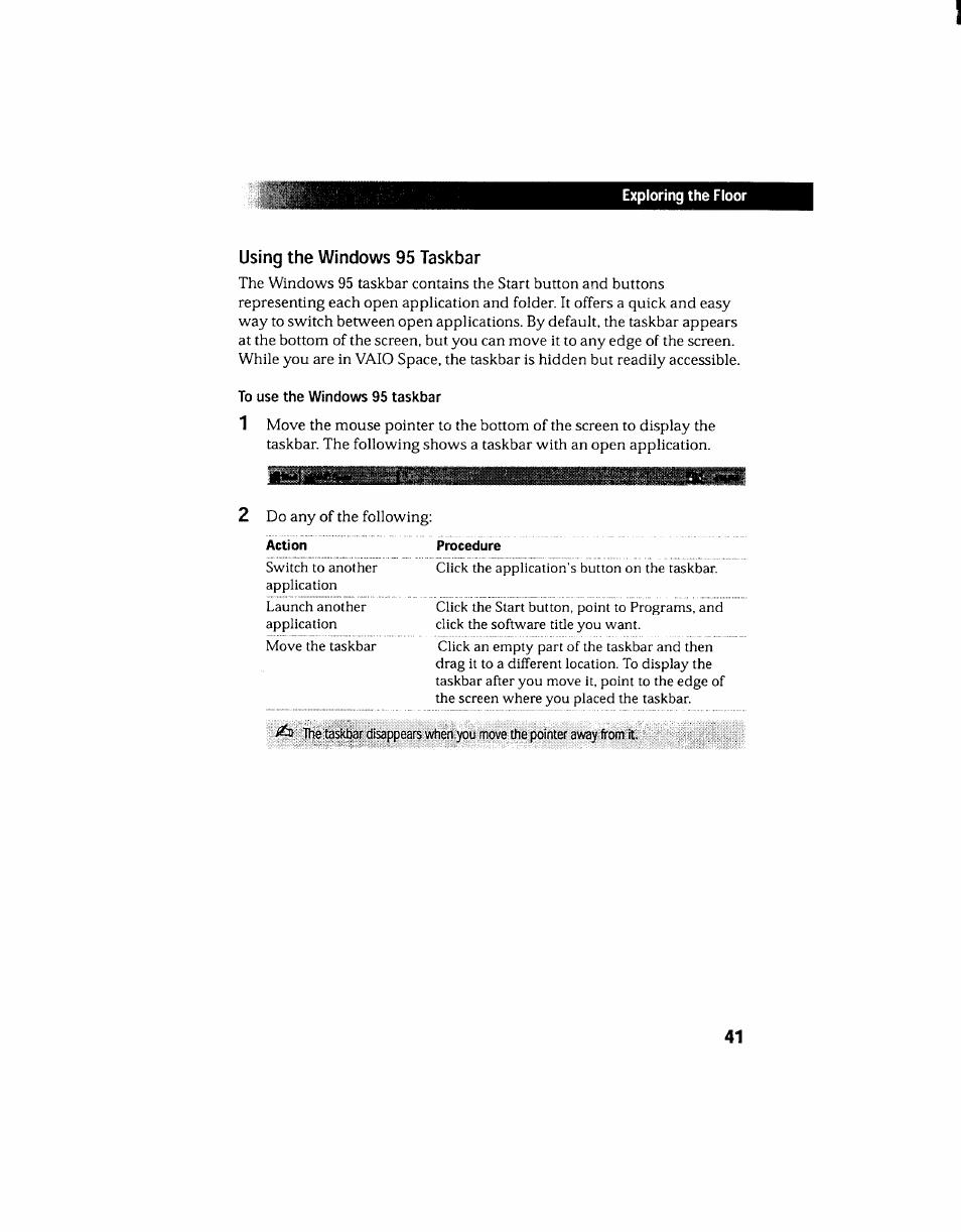 Using the windows 95 taskbar | Sony PCV-130 User Manual | Page 45 / 203