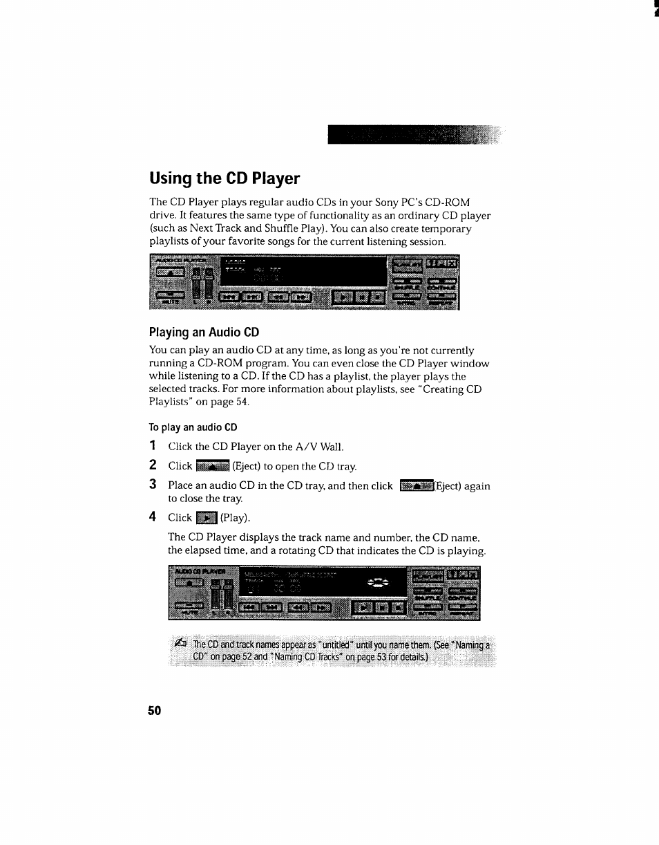 Using the cd player, Playing an audio cd | Sony PCV-130 User Manual | Page 54 / 203