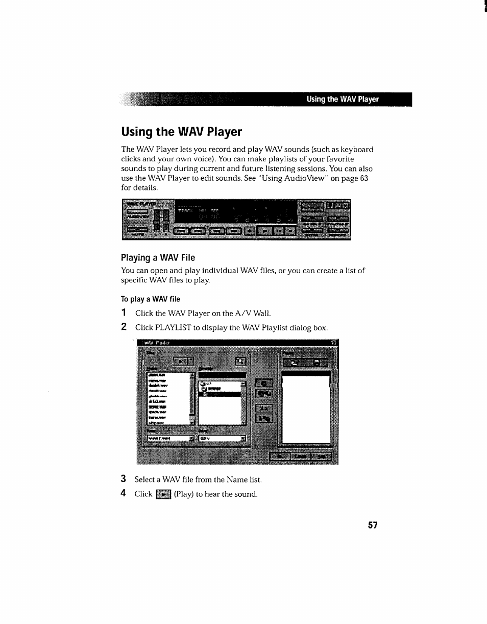 Using the wav player, Playing a wav file, Using the wav pla | 3 /er, Inrr^ i, I1 u»' 11 | Sony PCV-130 User Manual | Page 61 / 203