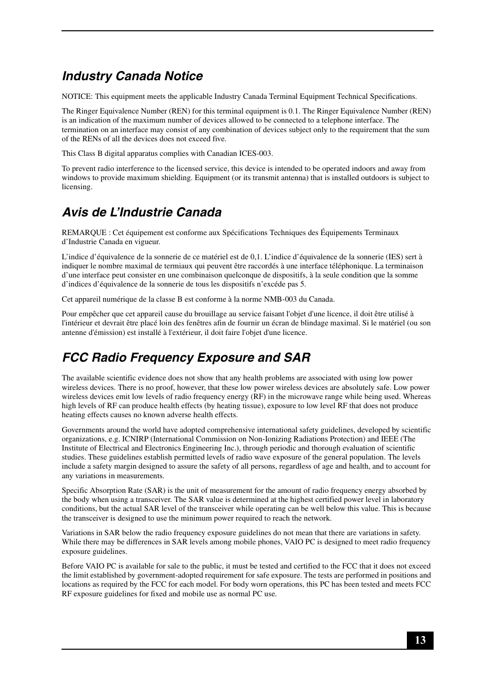 Industry canada notice, Avis de l’industrie canada, Fcc radio frequency exposure and sar | Sony VGN-TXN25N User Manual | Page 13 / 24