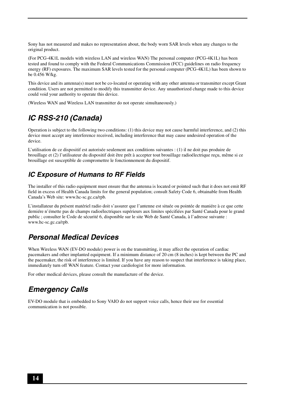 Ic rss-210 (canada), Personal medical devices, Emergency calls | Ic exposure of humans to rf fields | Sony VGN-TXN25N User Manual | Page 14 / 24