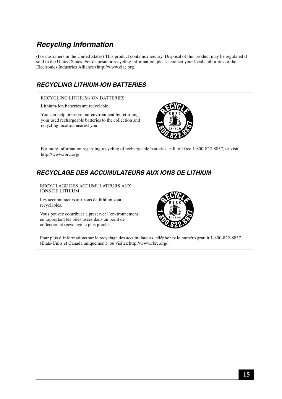 Recycling information | Sony VGN-TXN25N User Manual | Page 15 / 24