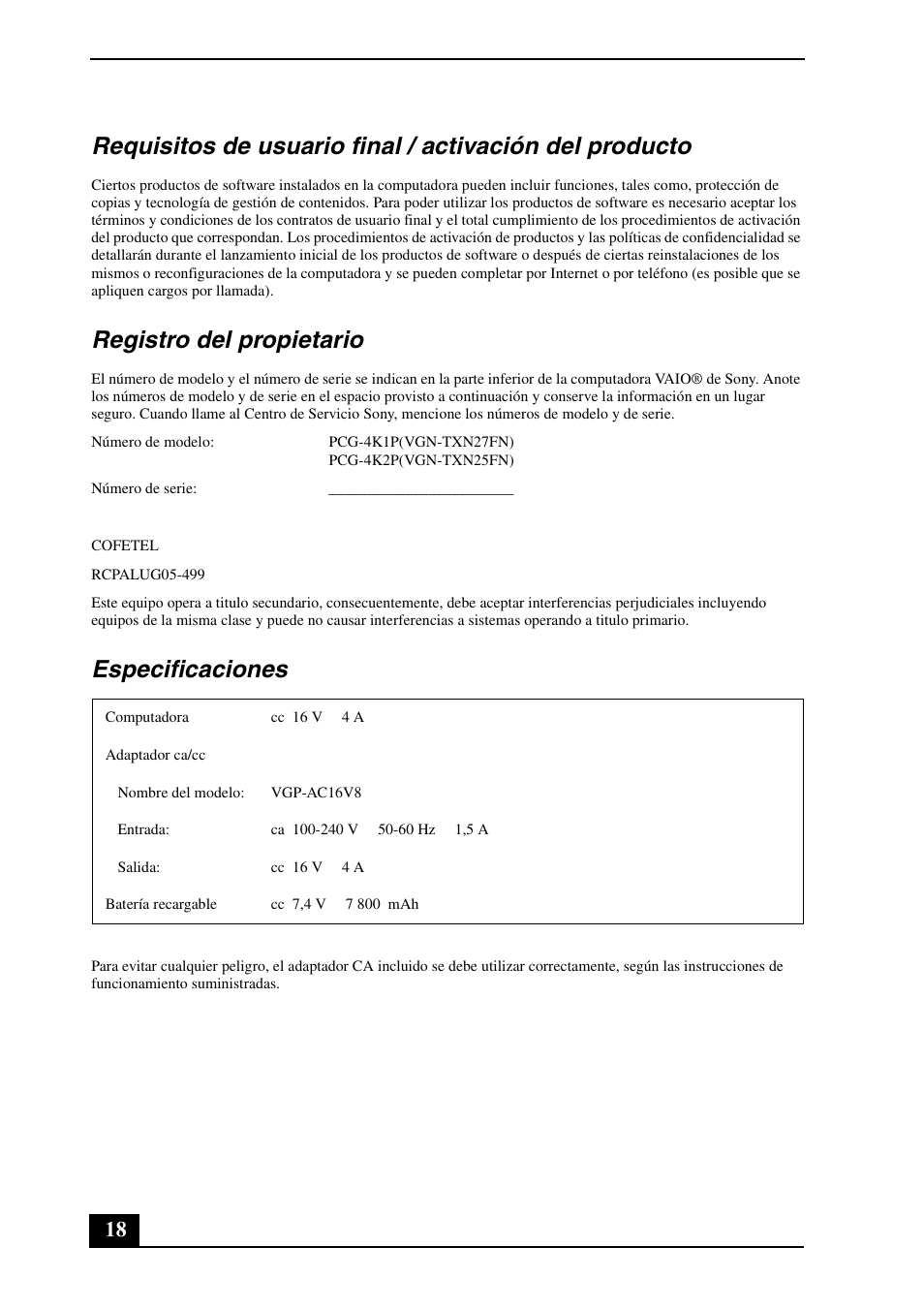 Registro del propietario, Especificaciones | Sony VGN-TXN25N User Manual | Page 18 / 24