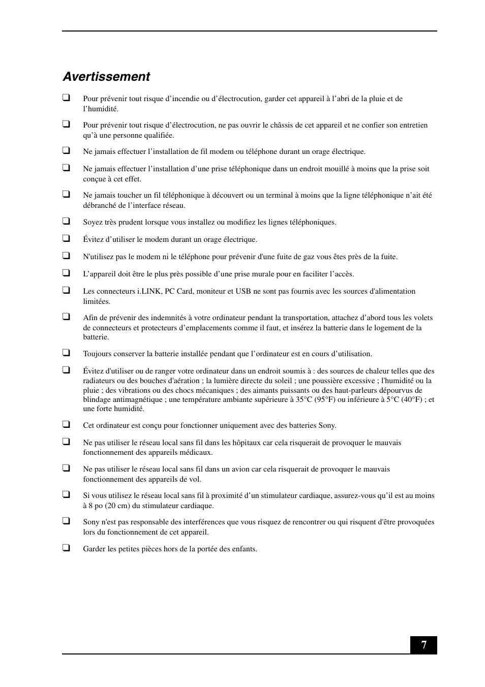 Avertissement | Sony VGN-TXN25N User Manual | Page 7 / 24