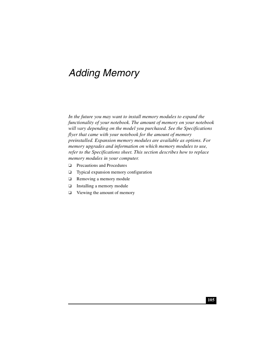 Adding memory | Sony PCG-GRX500K User Manual | Page 105 / 233